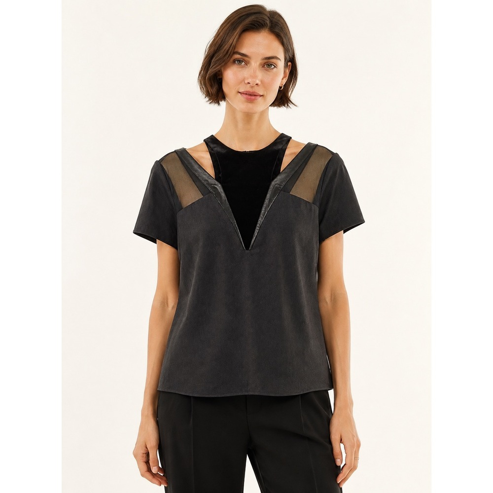 The Kooples Black Mixed Media Blouse Leather Velvet Mesh Panel Top Whimsygoth S
